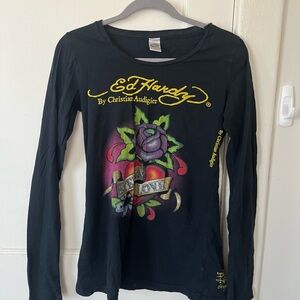 Ed Hardy Black Tee with Multicolor Neck Label Graphic
